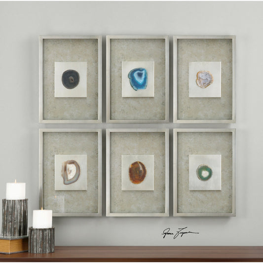 Agate Stone Silver Wall Art (Set of 6) by Uttermost in multi and silver. Made from mdf, glass, agate, paper in a modern style.