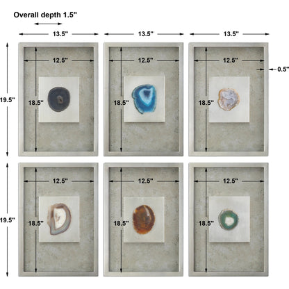 Agate Stone Silver Wall Art (Set of 6) by Uttermost in multi and silver. Made from mdf, glass, agate, paper in a modern style.