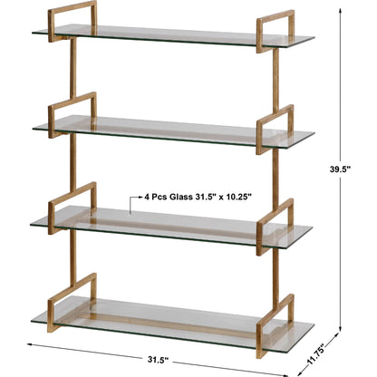 Auley Wall Shelf by Uttermost in gold. Made from iron, tempered glass in a modern style.