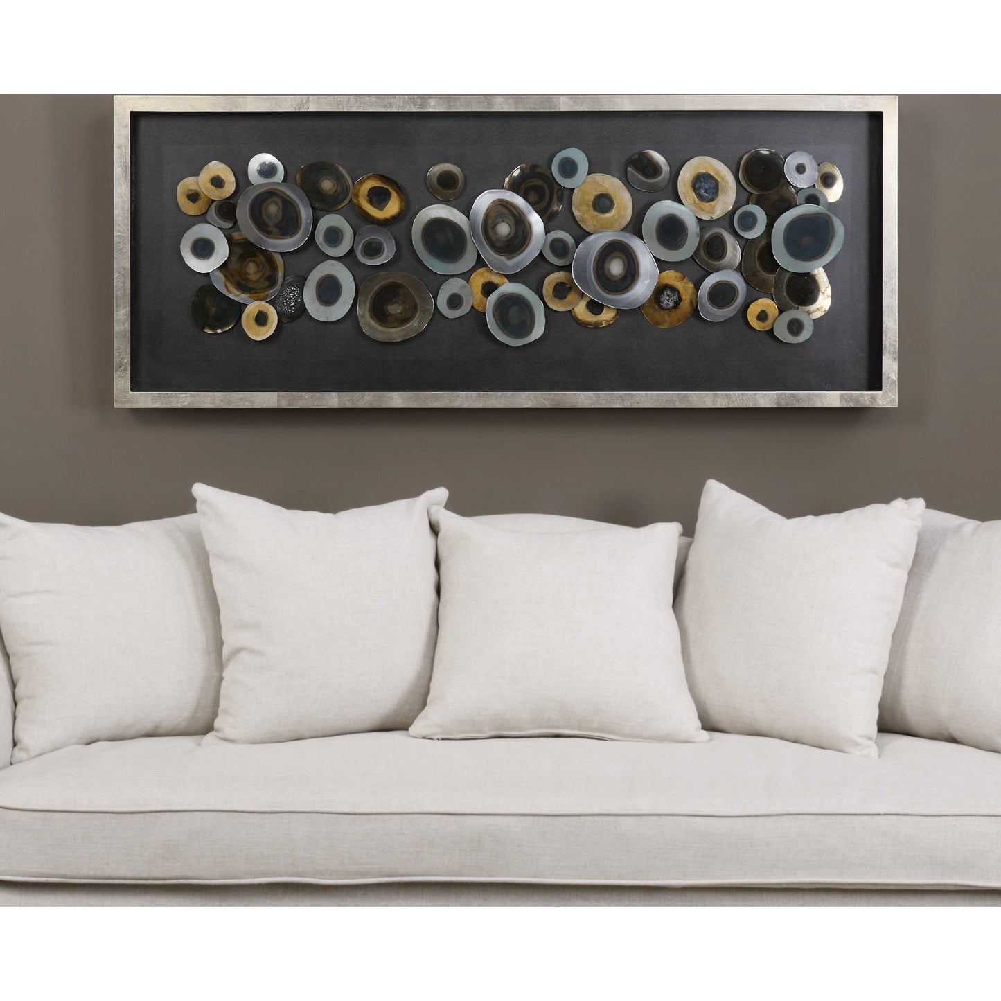 002 S-251591 | Lifestyle | Discs Shadow Box by Uttermost in silver. Made from mdf, glass, iron, acrylic in a modern style.