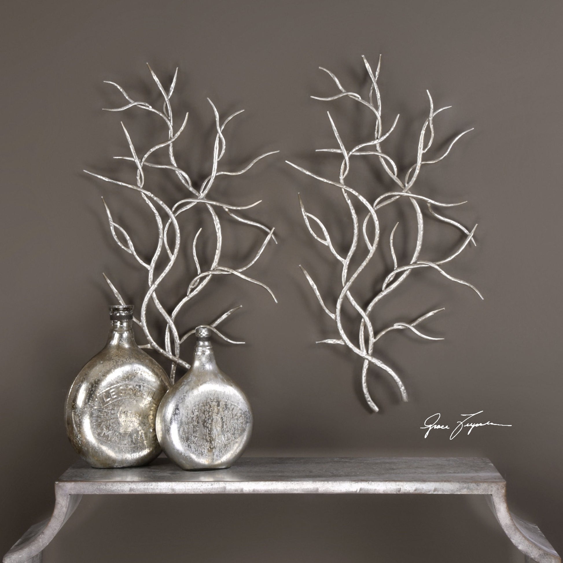 Silver Branches Wall Art (Set of 2) by Uttermost in multi and silver. Made from iron in a modern style.