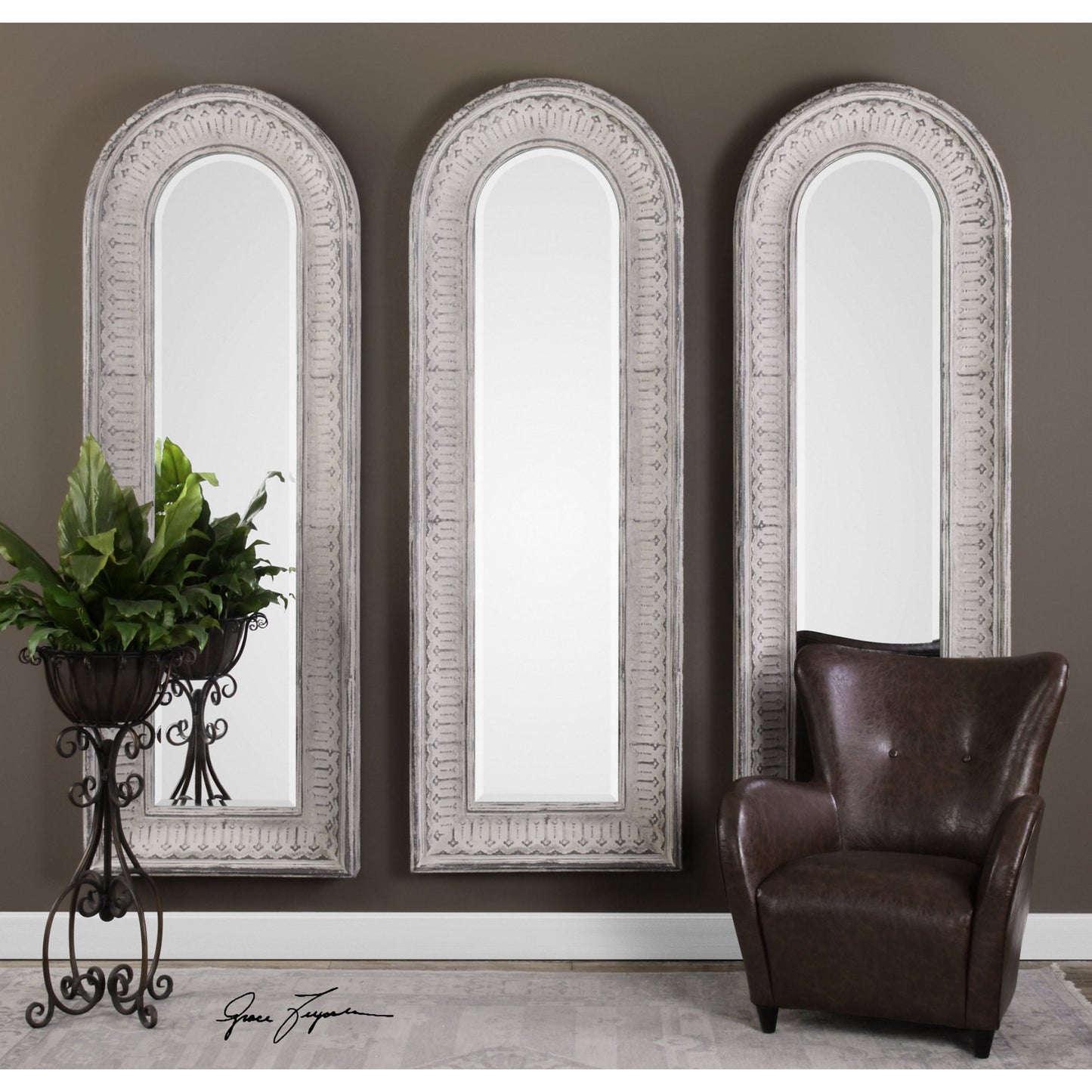 005 S-251802 | Lifestyle | Argenton Arch Mirror by Uttermost in gray. Made from glass, iron, mdf in a cottage & farmhouse style.
