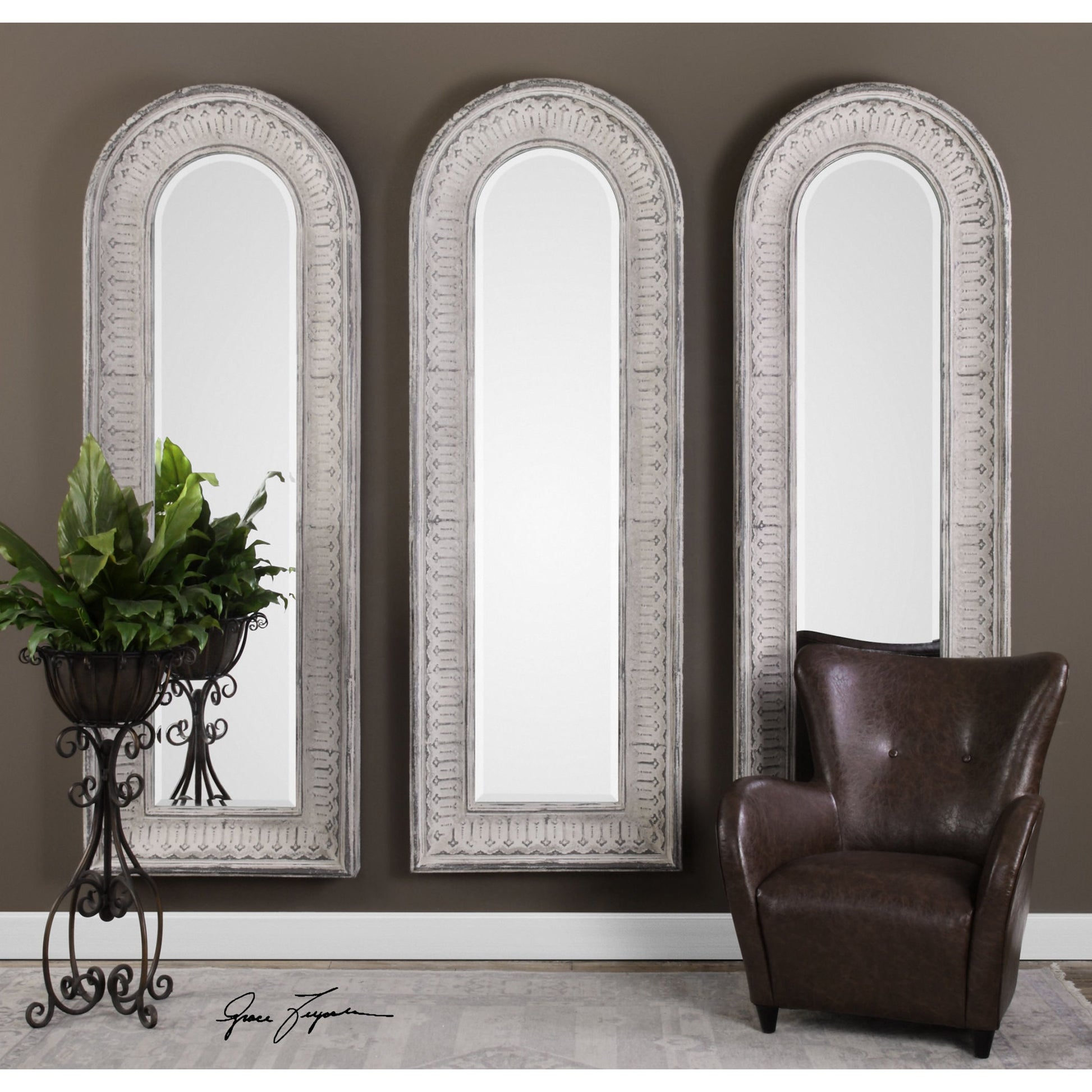 Argenton Arch Mirror by Uttermost in gray. Made from glass, iron, mdf in a cottage & farmhouse style.