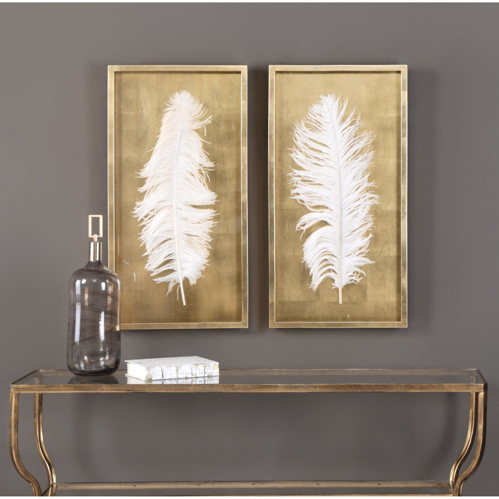 White Feathers Shadow Box (Set of 2) by Uttermost in gold. Made from pine in a modern style.