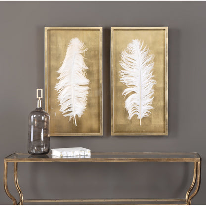 White Feathers Shadow Box (Set of 2) by Uttermost in gold. Made from pine in a modern style.