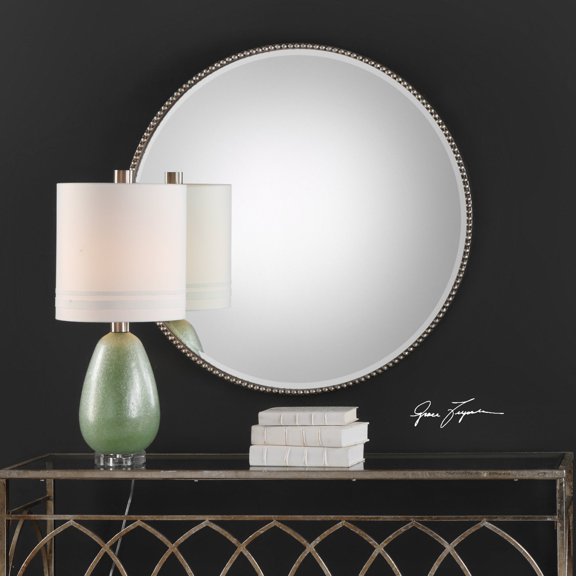 Stefania Beaded Round Mirror by Uttermost. Made from mirror, mdf, iron in a modern style.
