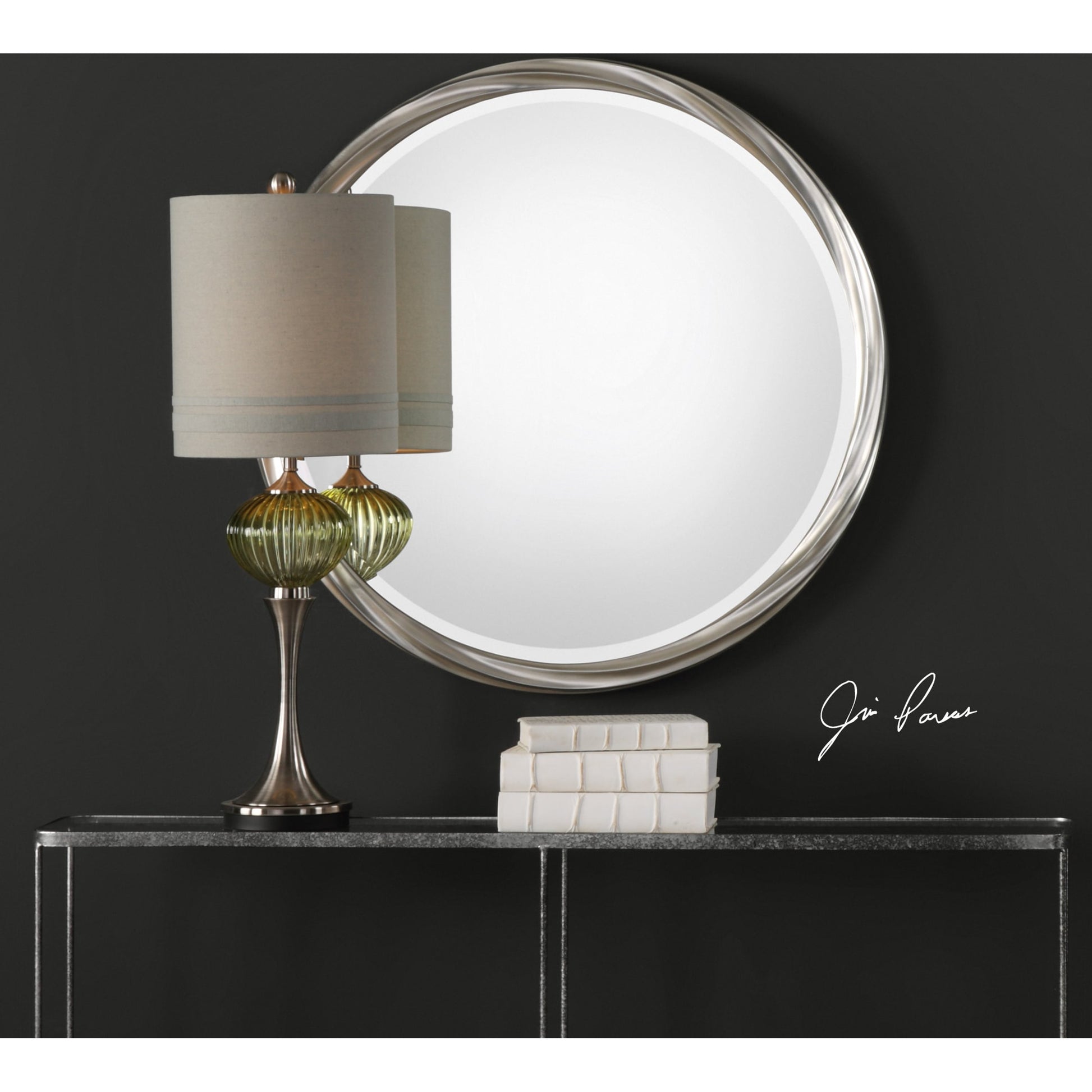 Orion Mirror by Uttermost in silver. Made from pu leather, mirror, mdf in a modern style.