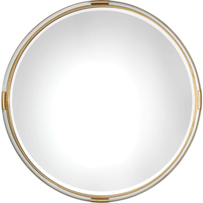 Mackai Round Mirror by Uttermost in gold. Made from mdf, glass, iron, acrylic in a modern style.