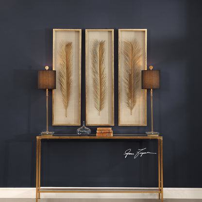Palma Gold Leaf Shadow Box by Uttermost in gold. Made from mdf, glass, plastic, linen in a modern style.