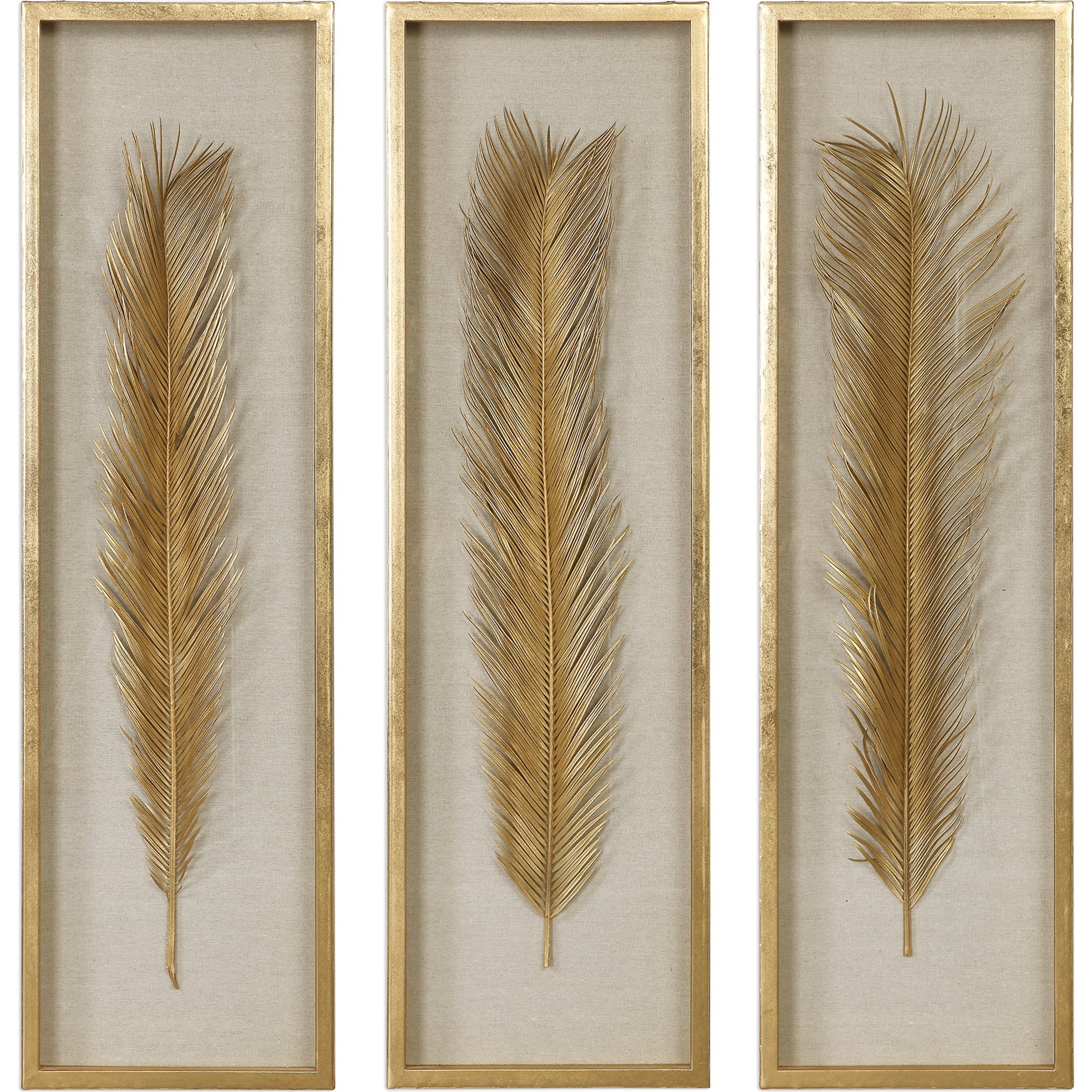 Palma Gold Leaf Shadow Box by Uttermost in gold. Made from mdf, glass, plastic, linen in a modern style.