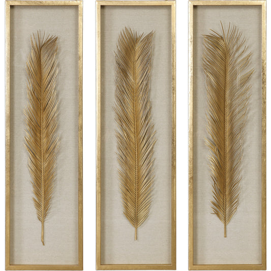 Palma Gold Leaf Shadow Box by Uttermost in gold. Made from mdf, glass, plastic, linen in a modern style.