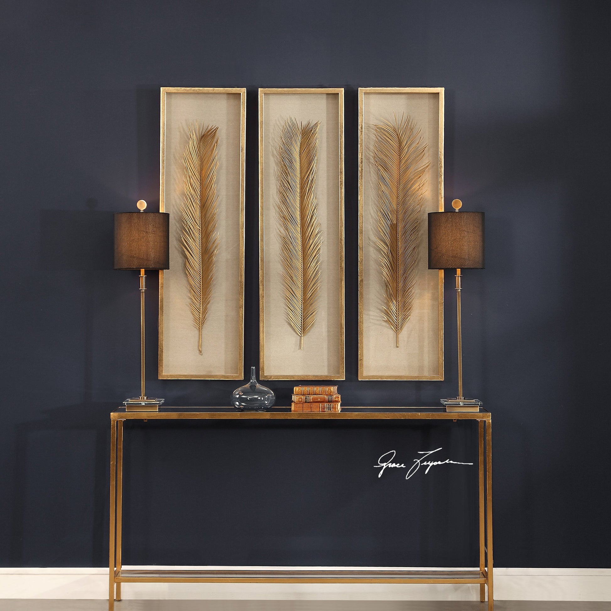 Palma Gold Leaf Shadow Box by Uttermost in gold. Made from mdf, glass, plastic, linen in a modern style.