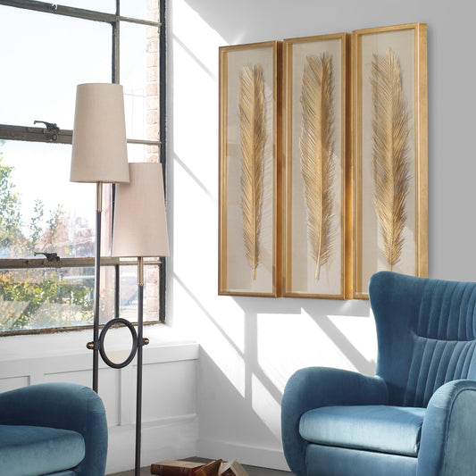 Palma Gold Leaf Shadow Box by Uttermost in gold. Made from mdf, glass, plastic, linen in a modern style.