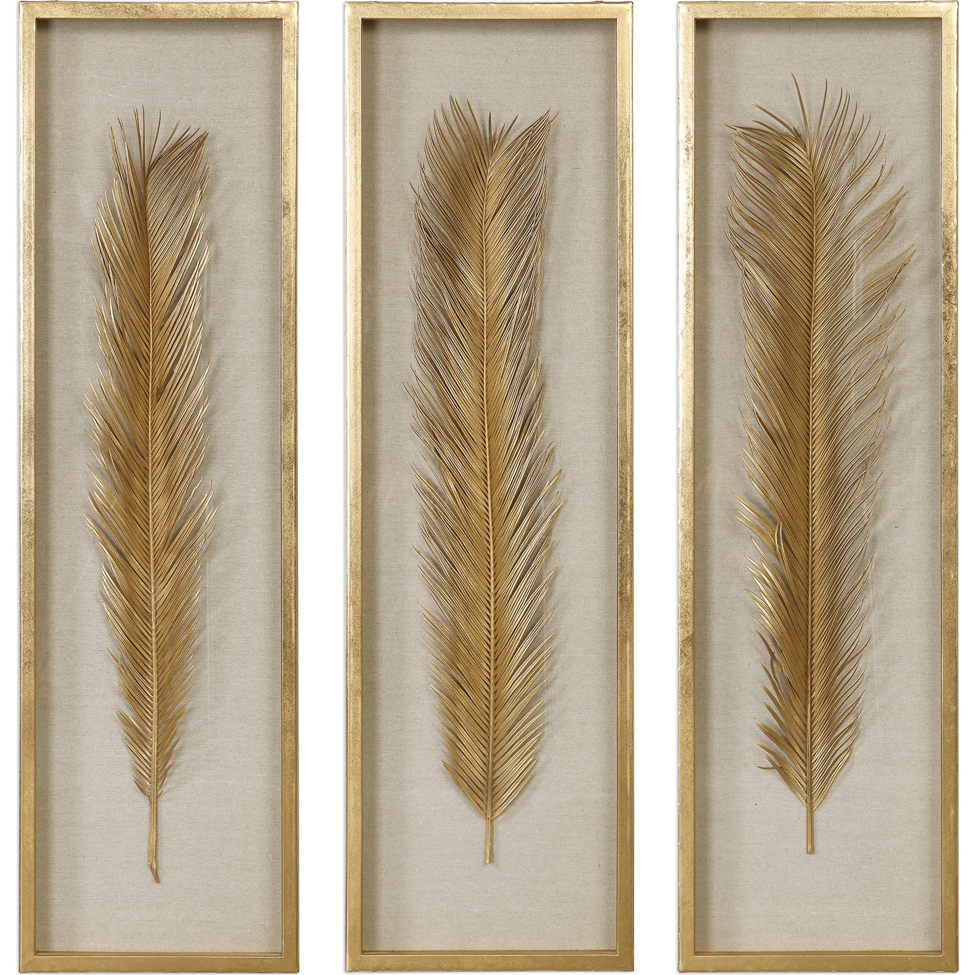 Palma Gold Leaf Shadow Box by Uttermost in gold. Made from mdf, glass, plastic, linen in a modern style.