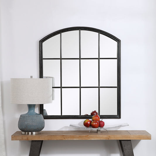 Lyda Aged Black Arch Mirror by Uttermost in black. Made from iron, glass, mdf in a transitional style.