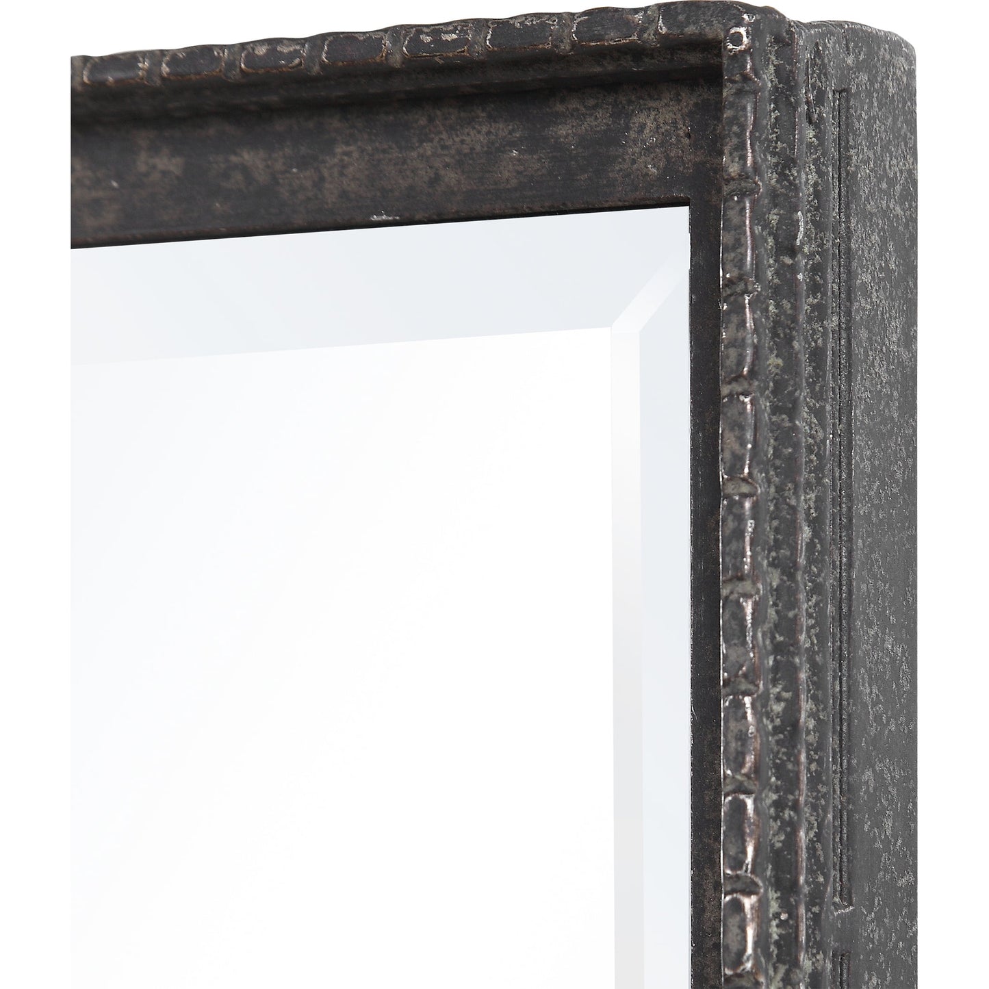 002 SR-388931 | Closeup | Callan Dressing / Leaner Mirror by Uttermost in distressed rustic bronze. Made from iron, mdf, mirror in a modern style.