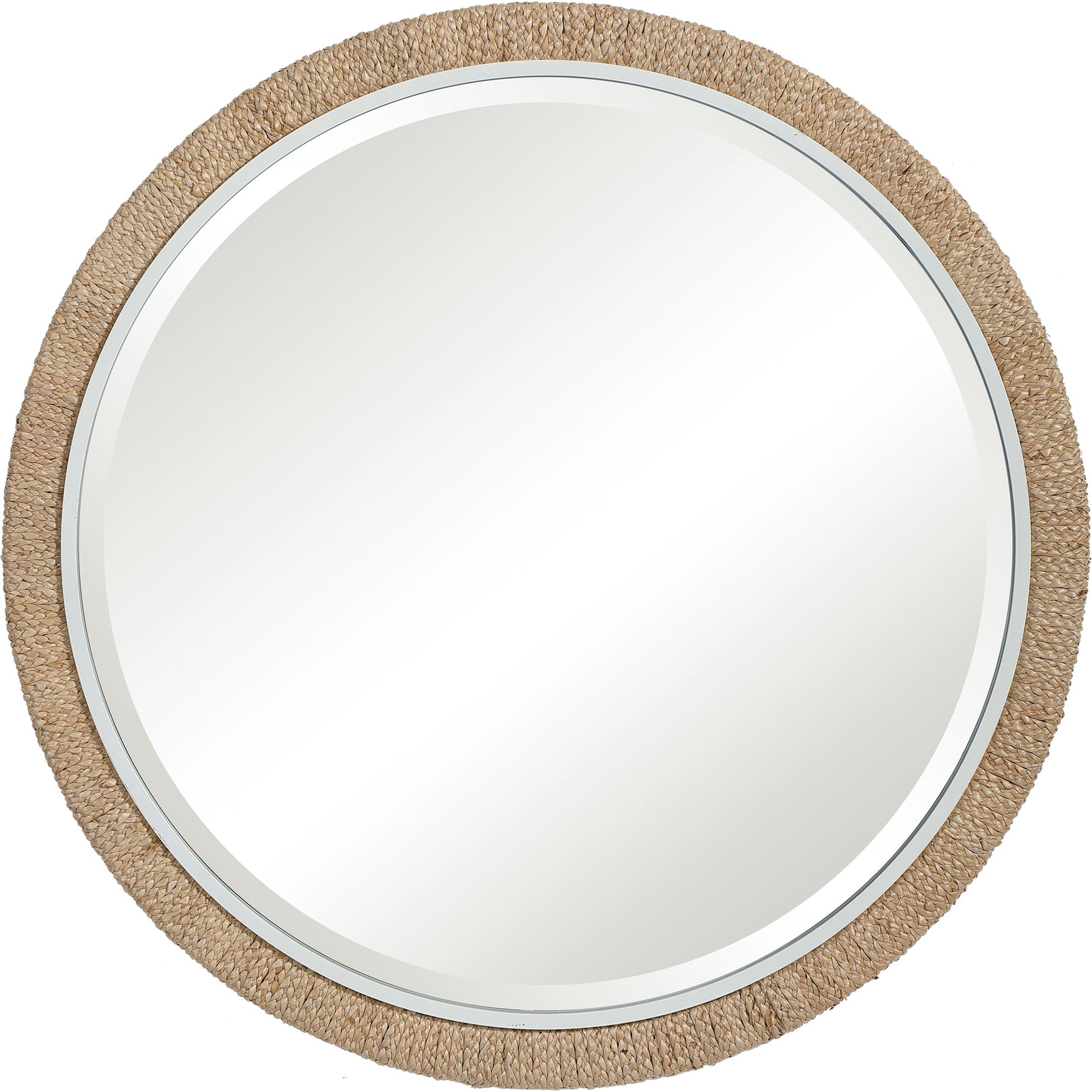 Carbet Round Rope Mirror by Uttermost. Made from iron, mdf, glass, straw in a coastal style.