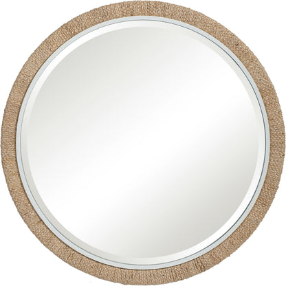 Carbet Round Rope Mirror by Uttermost. Made from iron, mdf, glass, straw in a coastal style.