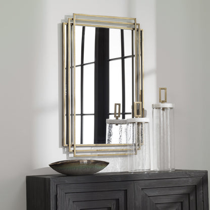 Amherst Brushed Mirror by Uttermost in gold. Made from iron, mdf, mirror in a transitional style.