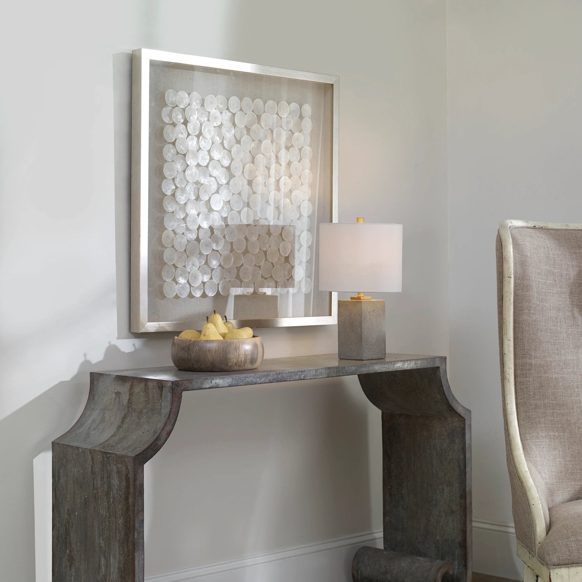 Roxas Shadow Box by Uttermost in brushed silver. Made from pine, shell, glass, linen, velvet in a unique style.