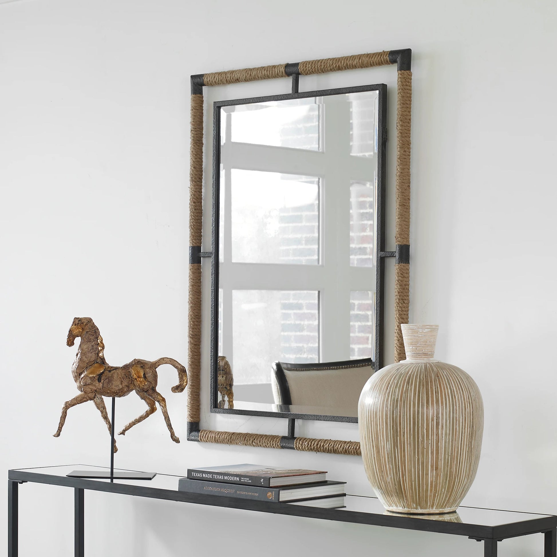 Melville & Rope Mirror by Uttermost in rust black. Made from mirror, iron, jute, mdf in a modern style.