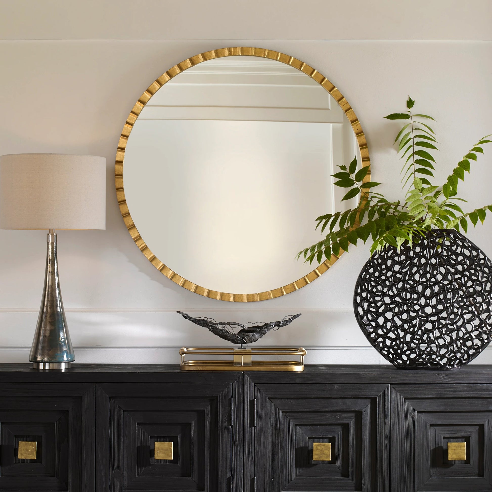Dandridge Round Mirror by Uttermost in gold. Made from mdf, iron, mirror in a modern style.