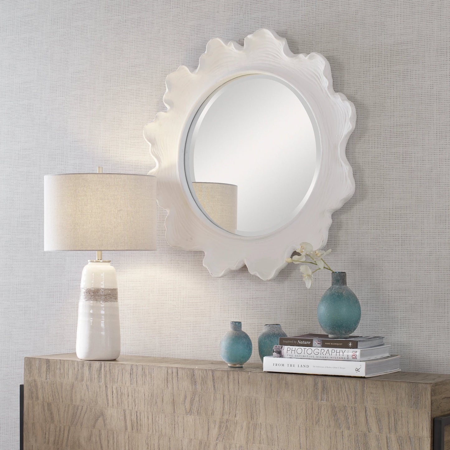 003 SI-1923590 | Lifestyle | Sea Coral Round Mirror by Uttermost in white. Made from resin, glass, mdf in a coastal style.