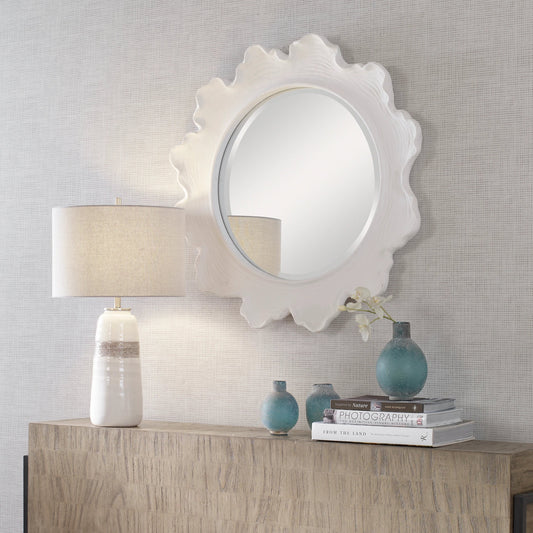 Sea Coral Round Mirror by Uttermost in white. Made from resin, glass, mdf in a coastal style.