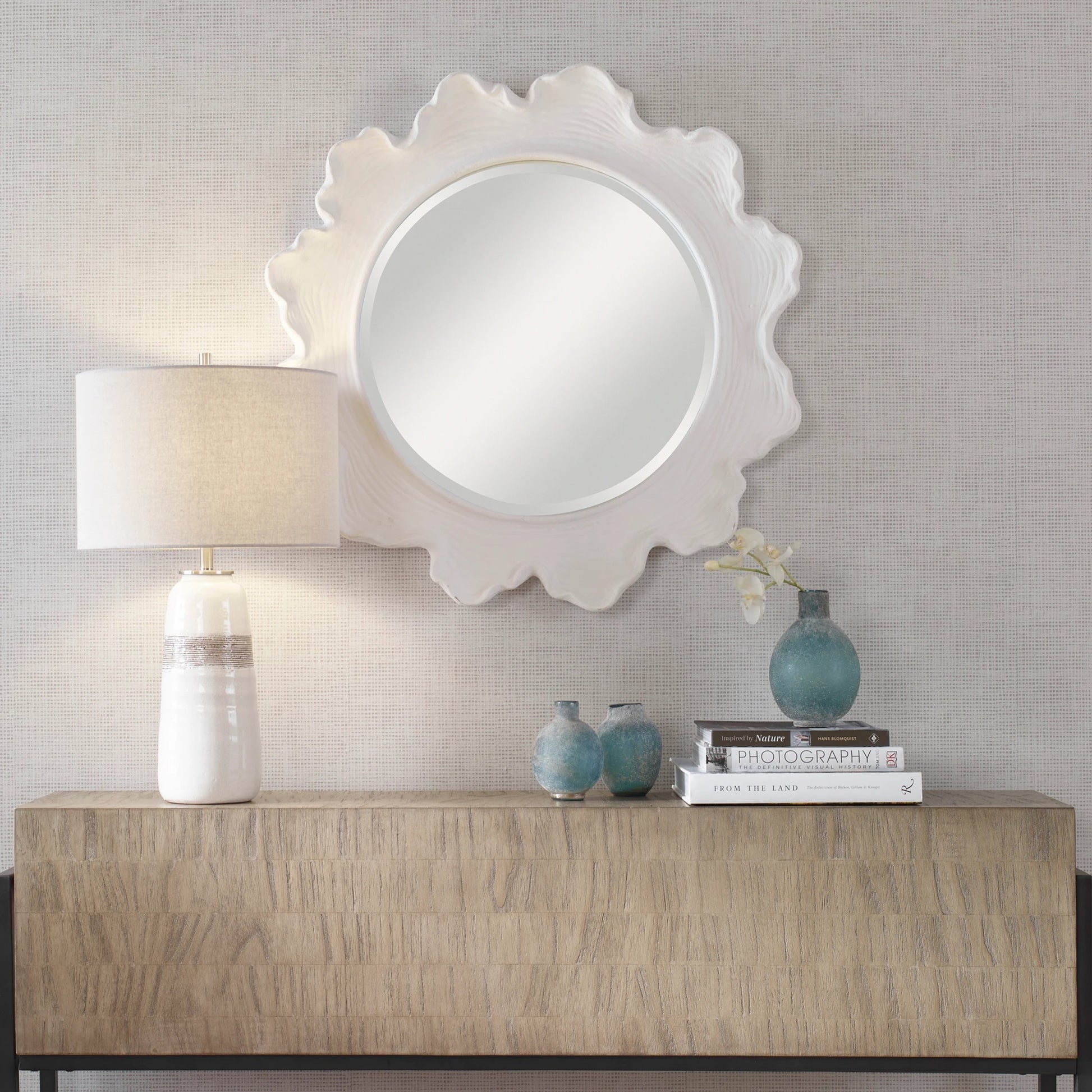 Sea Coral Round Mirror by Uttermost in white. Made from resin, glass, mdf in a coastal style.