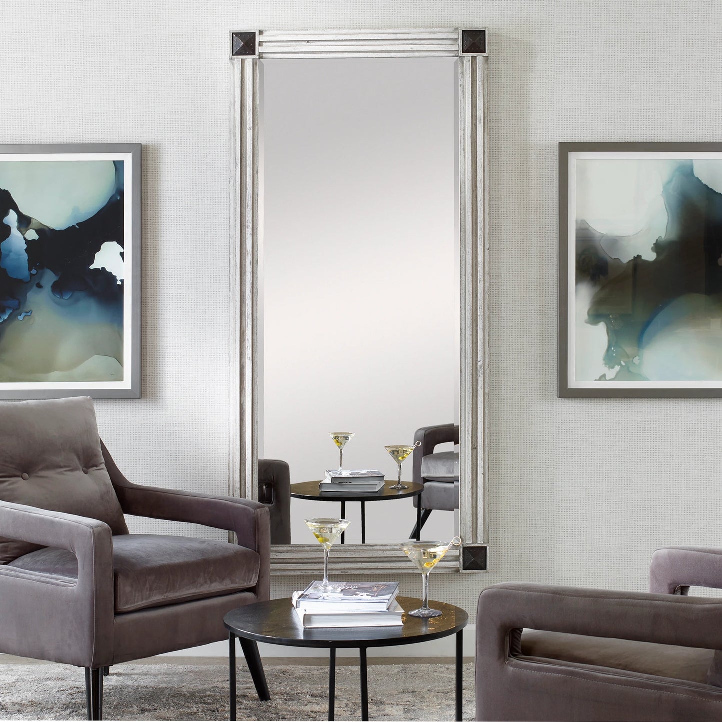 003 SI-1923607 | Lifestyle | Manor Mirror by Uttermost in white-wash gray. Made from mdf, firwood, mirror, copper in a modern style.