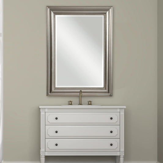 Stuart Mirror by Uttermost in silver. Made from wood in a rustic style.