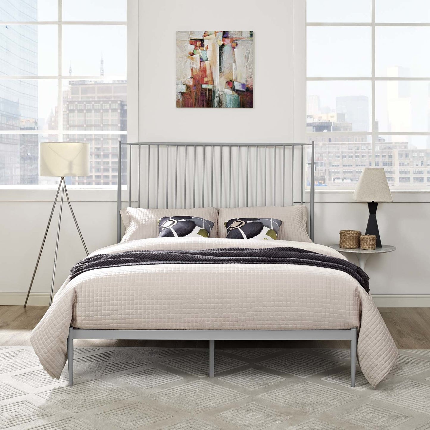 010 S-294677 | Lifestyle | Elizabeth Platform Bed by Evans & Londeen in gray. Made from weight capacity: 1323 lbs, box spring required, powder coated steel frame, headboard, foot board, inner size 1524*2032mm, outer size 1531 *2172mm, 8pcs pp foot plug, 16