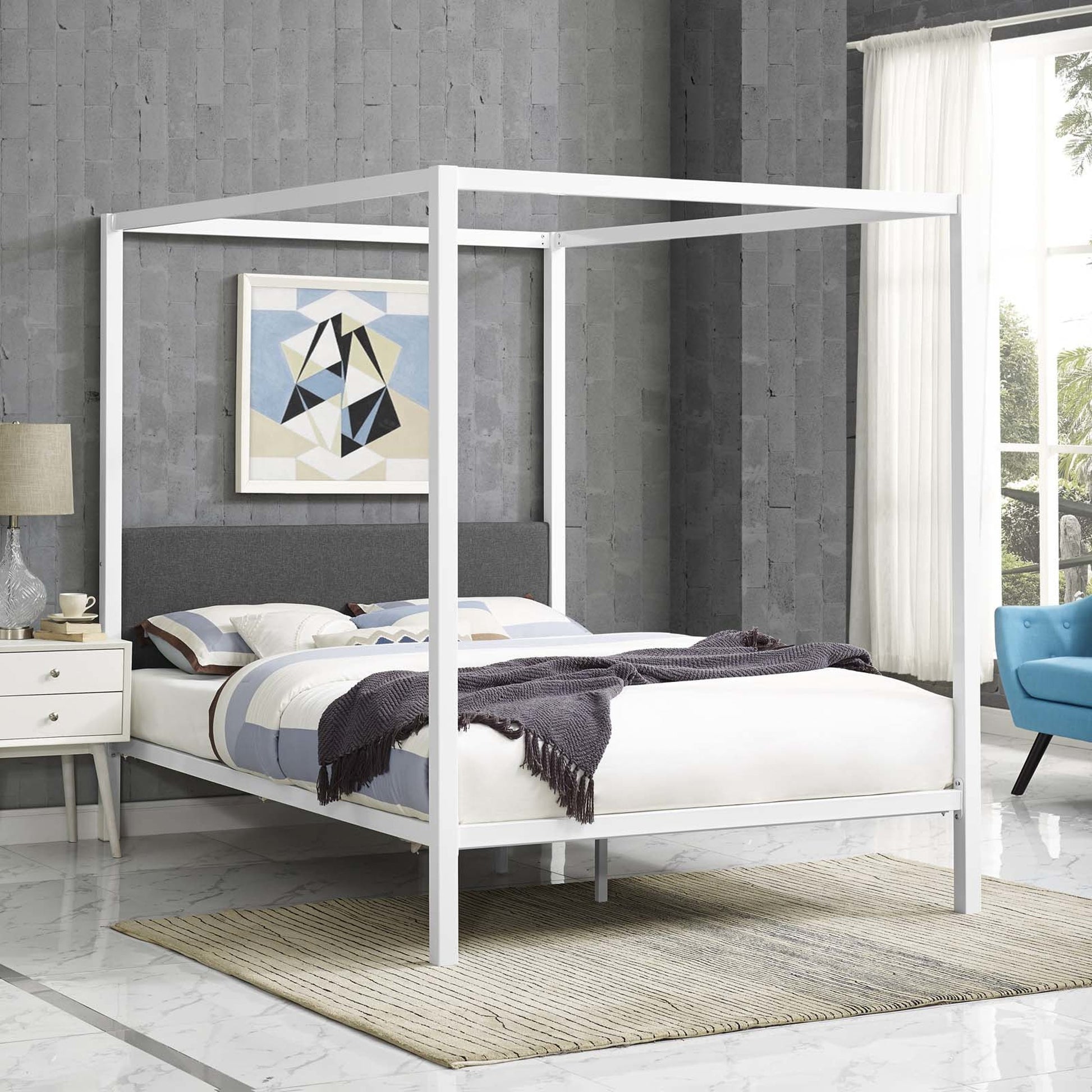 Hopedale Canopy Bed Frame by Evans & Londeen. Made from powder coated steel frame, inner size 60*81in(width is outer size ), bed weight capacity:1323 lbs in a modern style.