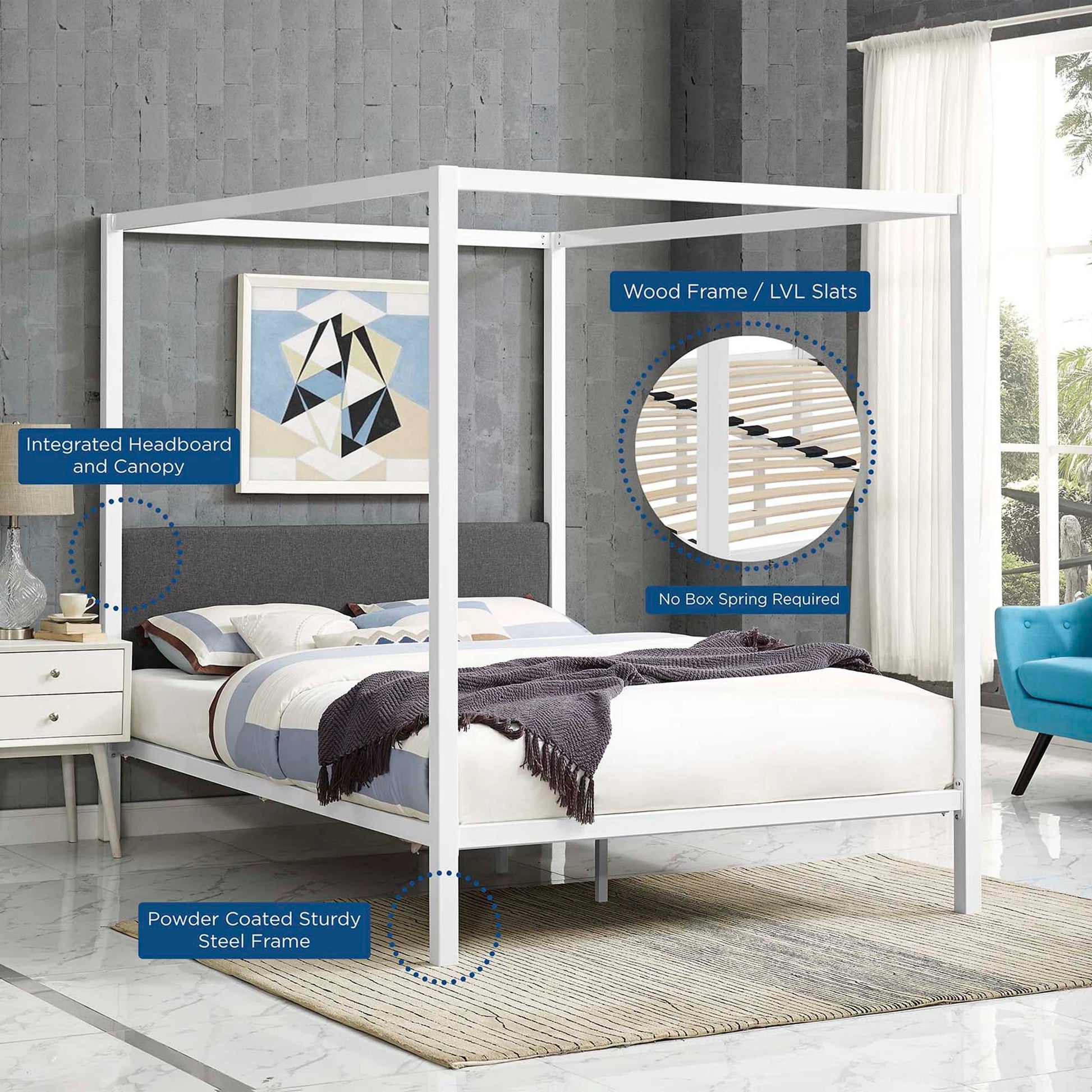 Hopedale Canopy Bed Frame by Evans & Londeen. Made from powder coated steel frame, inner size 60*81in(width is outer size ), bed weight capacity:1323 lbs in a modern style.