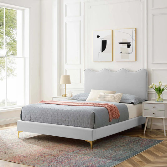 Cabarrus Platform Bed by Evans & Londeen. Made from mdf, plywood, laminated veneer lumber, 20kg, m3 density foam, yuhua polyester fabric, poplar slats in a modern style.