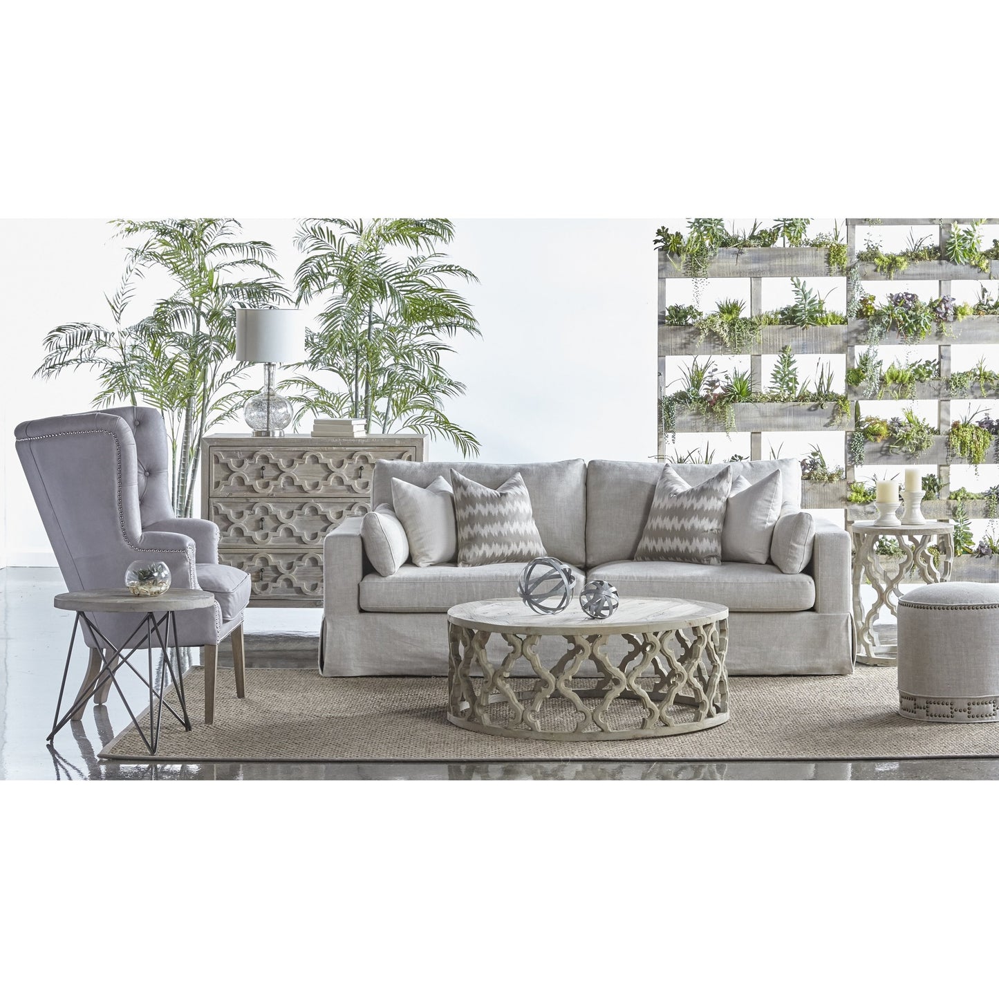 002 SR-387366 | Lifestyle | Marlow Ottoman by Essentials For Living in bisque and bisque french linen. Made from 100% french linen in a transitional style.