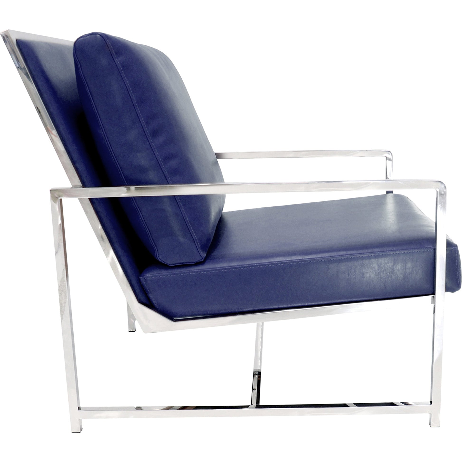 Luxe Chair by Pasargad Home in chrome and navy. Made from faux leather in a modern style.