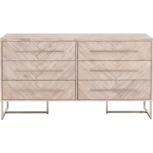 Mosaic Double Dresser by Essentials For Living in natural gray, brushed stainless steel. Made from wood in a modern style.