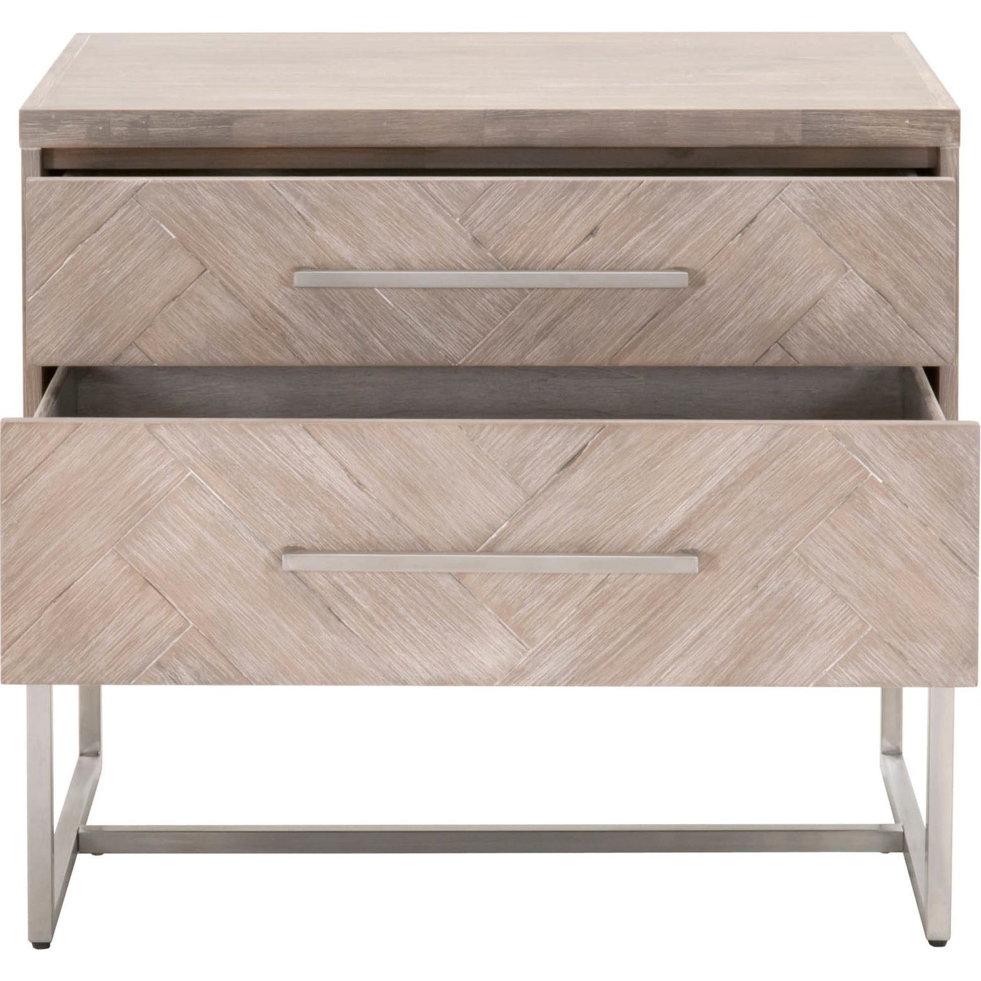 Mosaic Nightstand by Essentials For Living in natural gray, brushed stainless steel. Made from wood in a modern style.