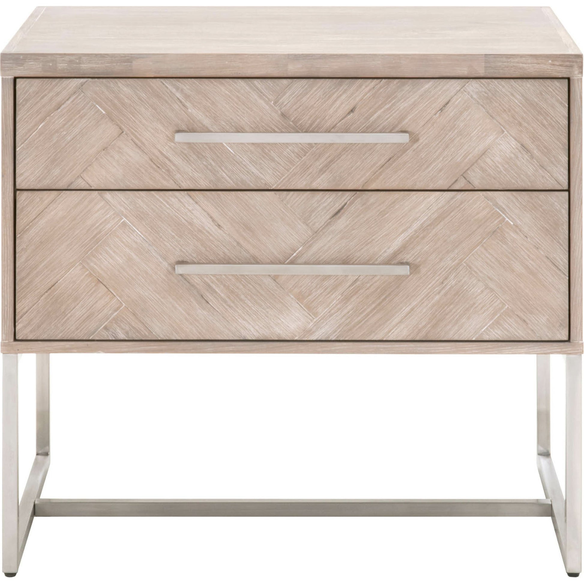 Mosaic Nightstand by Essentials For Living in natural gray, brushed stainless steel. Made from wood in a modern style.