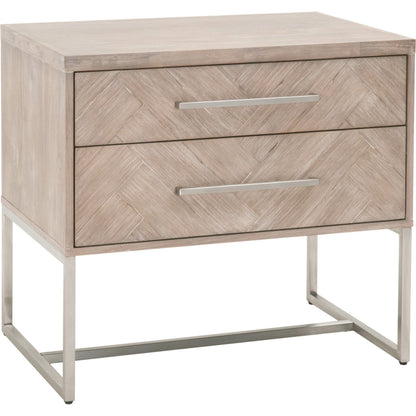 Mosaic Nightstand by Essentials For Living in natural gray, brushed stainless steel. Made from wood in a modern style.