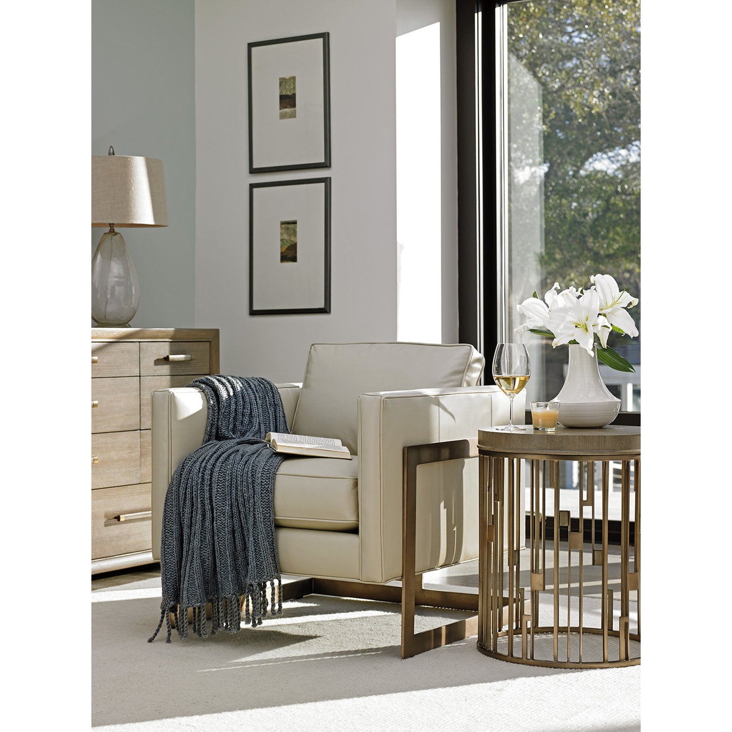 003 SR-835725 | Lifestyle | Studio Round Accent Table by Lexington in burnished silver leaf. Made from unique in a transitional style.