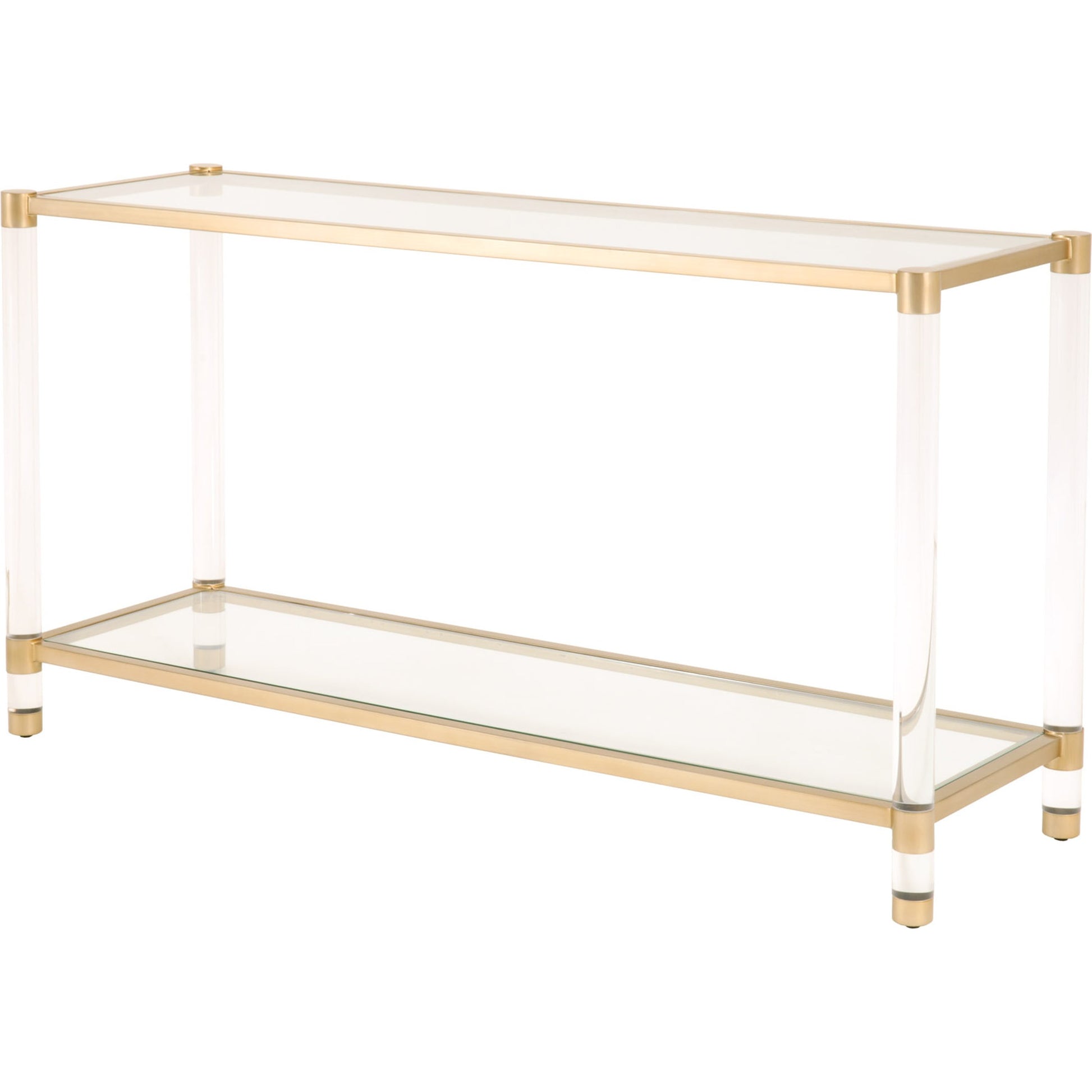 Nouveau Console Table by Essentials For Living in brass, clear. Made from metal, acrylic, glass in a transitional style.