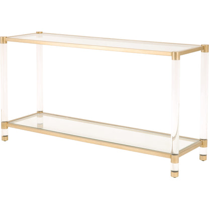 Nouveau Console Table by Essentials For Living in brass, clear. Made from metal, acrylic, glass in a transitional style.