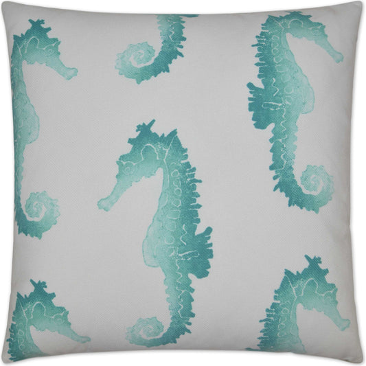 Seahorse Pillow by DV Kap Home in turquoise. Made from 100% spun polyester in a coastal style.
