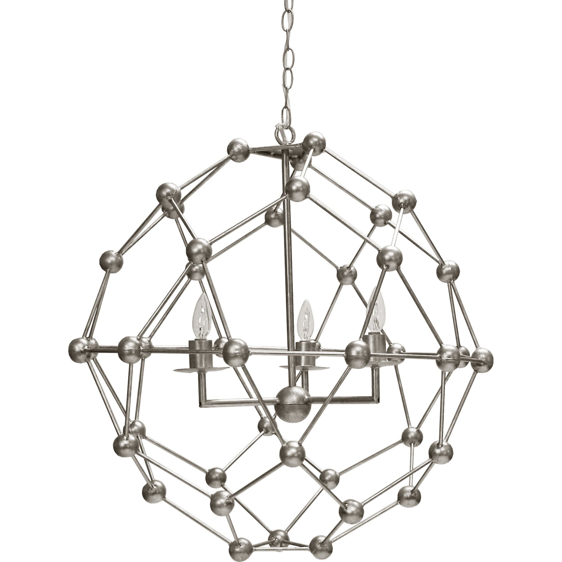 Orbit Molecule Chandelier by Worlds Away in silver leaf and silver leaf. Made from metal in a modern style.