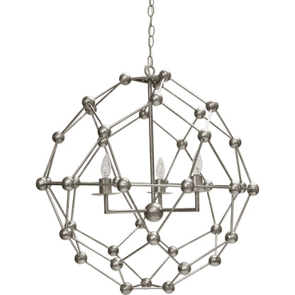 Orbit Molecule Chandelier by Worlds Away in silver leaf and silver leaf. Made from metal in a modern style.