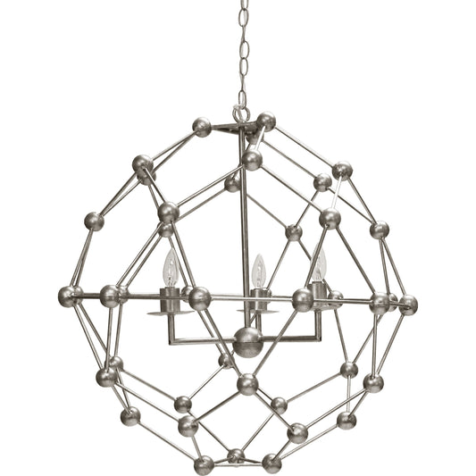 Orbit Molecule Chandelier by Worlds Away in silver leaf and silver leaf. Made from metal in a modern style.