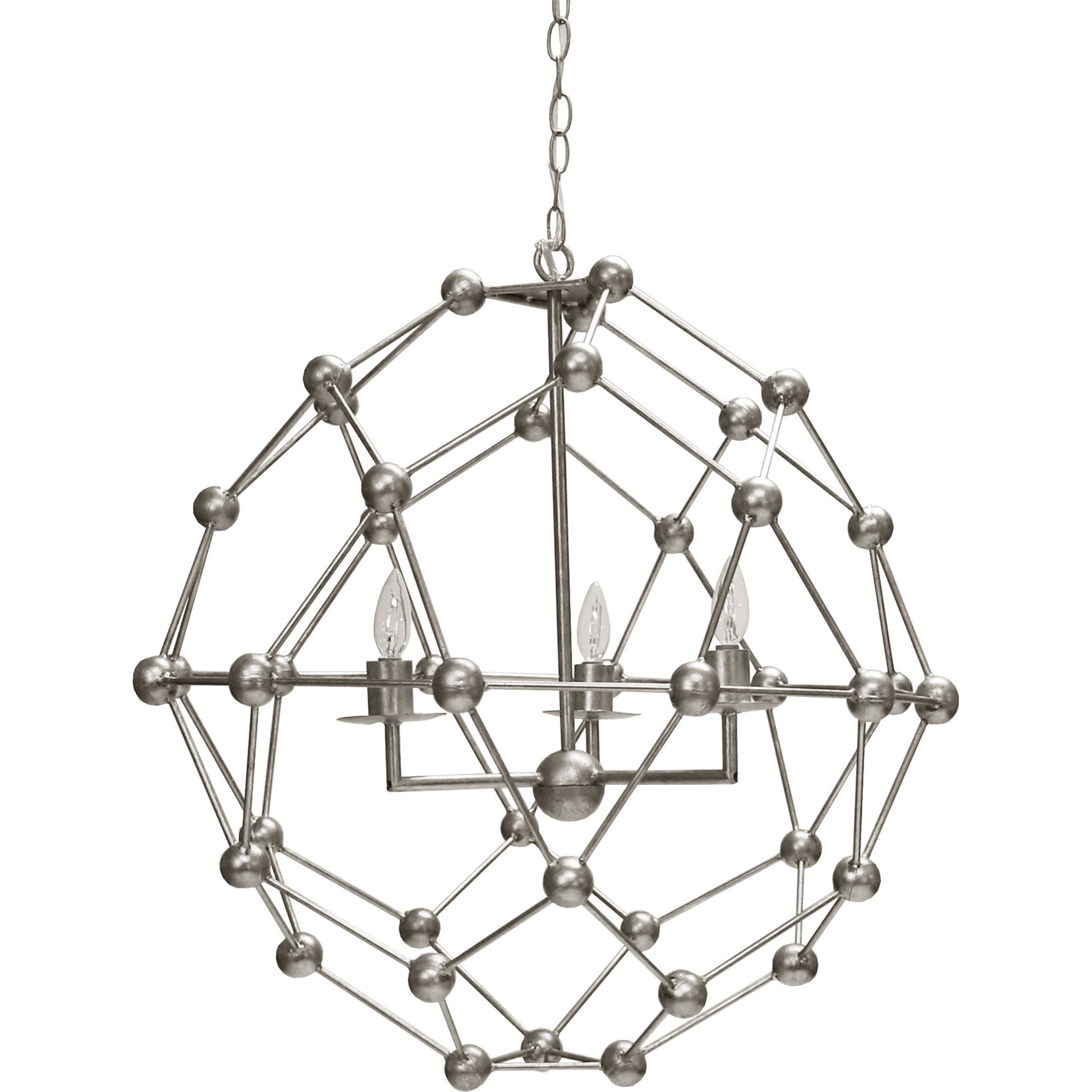 Orbit Molecule Chandelier by Worlds Away in silver leaf and silver leaf. Made from metal in a modern style.