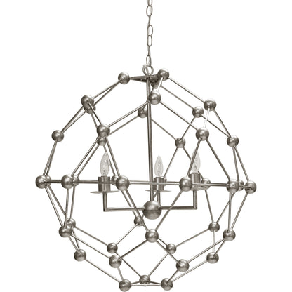 Orbit Molecule Chandelier by Worlds Away in silver leaf and silver leaf. Made from metal in a modern style.